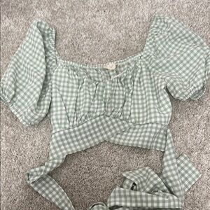 Altar'd State Green and White Puff Sleeve Crop Blouse